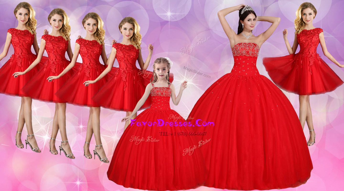 Custom Design Red Strapless Neckline Beading Ball Gown Prom Dress Sleeveless Lace Up