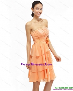 2015 Strapless Short Prom Dresses with Ruching and Hand Made Flower