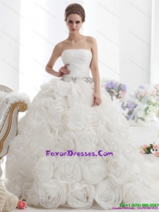 Couture White Strapless Wedding Dresses with Rolling Flowers and Chapel Train