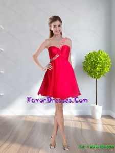 2015 Popular One Shoulder Beading Elegant Bridesmaid Dresses in Coral Red