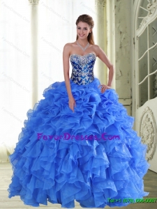 2015 Perfect Beading and Ruffles Strapless Beautiful Quinceanera Dresses in Blue