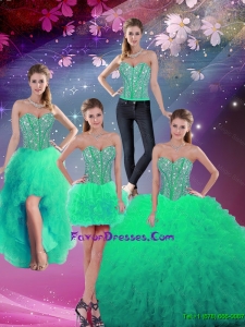 Formal Sweetheart Beaded and Ruffles Detachable Quinceanera Dresses in Turquoise