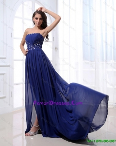 Gorgeous Perfect Beading Brush Train Strapless Prom Dresses in Royal Blue