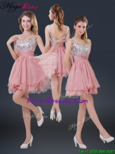 Hot Sale Mini-length Straps Paillette Bridesmaid Dresses for 2016