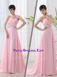 2016 Fashionable One Shoulder Brush Train Beading Baby Pink Plus Size Prom Dress