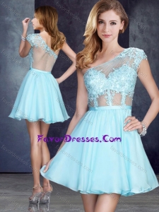 Cheap See Through One Shoulder Applique Bridesmaid Dress in Aqua Blue