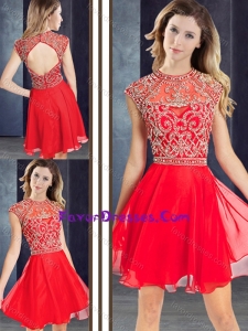 Sexy Scoop Beaded Red Short Stylish Prom Dress with Cap Sleeves