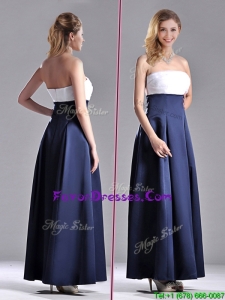Elegant Strapless Ankle Length Prom Dress in Navy Blue and White