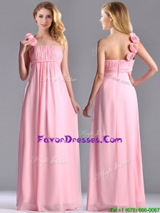 New Style Baby Pink Prom Dress with Handcrafted Flowers Decorated One Shoulder