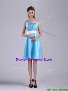 Simple Belted and Ruched Aqua Blue Prom Dress in Knee Length