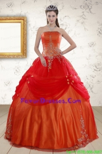 In Stock Strapless Appliques Quinceanera Dresses in Orange Red