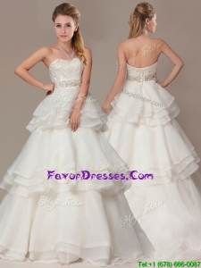 Lovely A-line Brush Train Wedding Dresses with Beading and Ruffles Layers