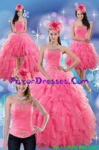 Detachable 2015 Beautiful Rose Pink Strapless Dresses for Quince with Ruffles and Beading