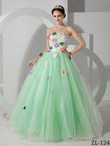 Strapless Long Organza Quince Dress with Flowers for Cheap