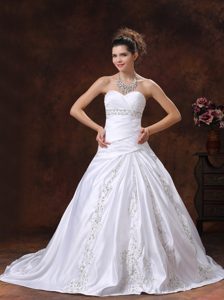 Sweetheart Court Train Embroidered Ruched Taffeta Wedding Gown with Beading