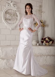 Bateau Long Sleeves Taffeta and Lace Wedding Dress with Appliques