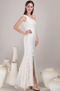 Column One Shoulder Long Beaded Lace Wedding Dress with Slits