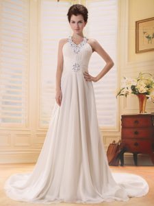 Beaded V-neck Empire Chiffon Buttons Stylish Wedding Dress with Court Train