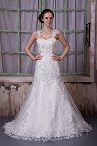 Luxurious Straps Court Train Taffeta and Lace Wedding Dress with Beading
