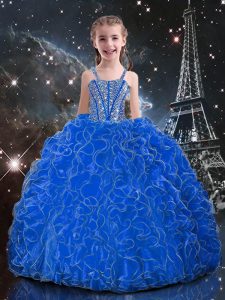 Straps Sleeveless Pageant Gowns Floor Length Beading and Ruffles Blue Organza