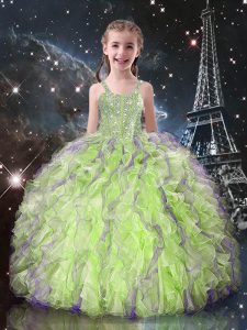 Organza Straps Sleeveless Lace Up Beading and Ruffles Little Girls Pageant Dress Wholesale in Yellow Green