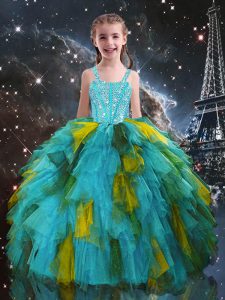Short Sleeves Lace Up Floor Length Beading and Ruffles Kids Pageant Dress