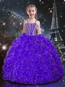 Discount Straps Sleeveless Little Girls Pageant Dress Floor Length Beading and Ruffles Eggplant Purple Organza