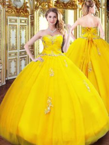 Fantastic Gold Ball Gowns Sweetheart Sleeveless Tulle Floor Length Lace Up Beading and Appliques Quinceanera Dress