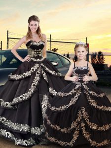 Floor Length Black Quinceanera Gowns Taffeta Sleeveless Embroidery and Ruffled Layers