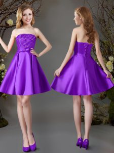 Modest Eggplant Purple Sleeveless Satin Lace Up Bridesmaid Gown for Wedding Party