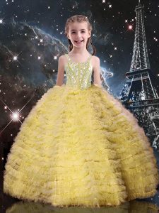 Sleeveless Lace Up Floor Length Beading and Ruffled Layers Little Girls Pageant Dress
