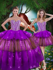 Glamorous Sweetheart Sleeveless 15 Quinceanera Dress Floor Length Beading and Ruffled Layers and Sequins Multi-color Org