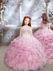 Unique Beading and Ruffles Pageant Dress for Teens Baby Pink Lace Up Sleeveless Brush Train