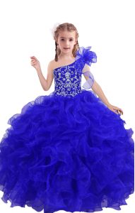 Perfect Floor Length Lace Up Custom Made Pageant Dress Royal Blue for Quinceanera and Wedding Party with Beading and Ruf
