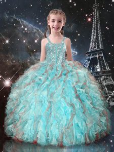 Adorable Aqua Blue Straps Lace Up Beading and Ruffles Girls Pageant Dresses Sleeveless