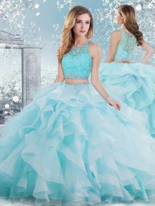 Scoop Sleeveless Clasp Handle Ball Gown Prom Dress Aqua Blue Organza