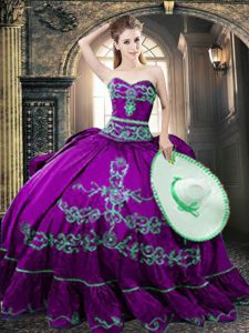 Luxury Floor Length Purple Sweet 16 Dress Taffeta Sleeveless Embroidery