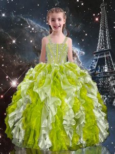 Exquisite Olive Green Lace Up Straps Beading and Ruffles Kids Formal Wear Organza Sleeveless