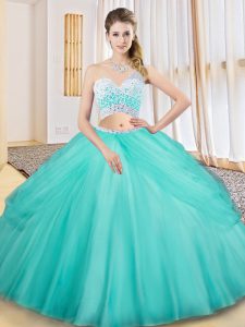 Perfect Aqua Blue One Shoulder Neckline Beading and Ruching and Pick Ups Quinceanera Dress Sleeveless Criss Cross