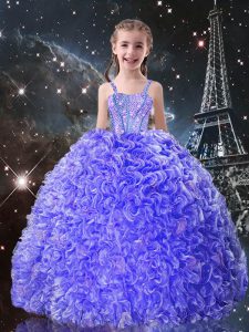 Fashionable Blue Child Pageant Dress Quinceanera and Wedding Party with Beading and Ruffles Straps Sleeveless Lace Up