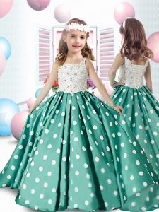 Excellent Turquoise Sleeveless Brush Train Beading and Pattern High School Pageant Dress