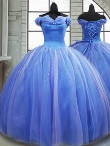 Free and Easy Light Blue Sweet 16 Dress Off The Shoulder Sleeveless Brush Train Lace Up