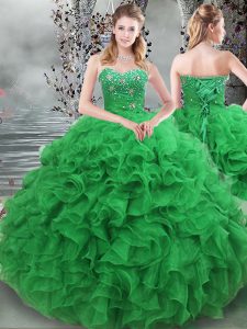 Green Lace Up Sweetheart Beading and Ruffles Quinceanera Gown Organza Sleeveless