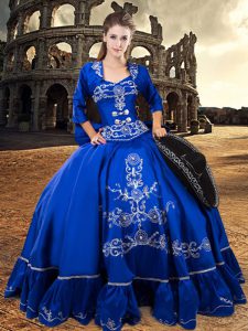 Customized 3 4 Length Sleeve Taffeta Floor Length Lace Up Ball Gown Prom Dress in Blue with Beading