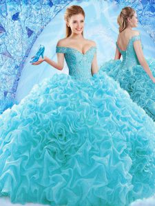 Glittering Aqua Blue Lace Up 15th Birthday Dress Ruffles and Pick Ups Cap Sleeves Brush Train