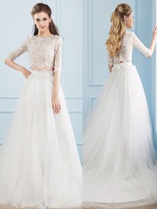 Inexpensive Half Sleeves Court Train Lace Zipper Bridal Gown