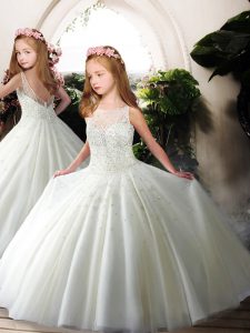 High Class Beading and Lace Flower Girl Dress White Clasp Handle Sleeveless Sweep Train