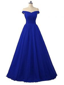 Latest Ruching Celebrity Prom Dress Royal Blue Lace Up Sleeveless Floor Length