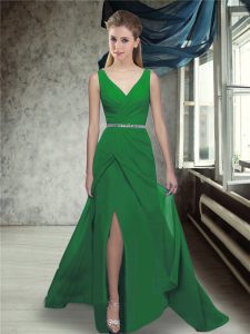 V-neck Sleeveless Brush Train Zipper Wedding Guest Dresses Green Chiffon