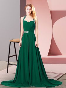 Empire Sleeveless Dark Green Celebrity Prom Dress Brush Train Zipper